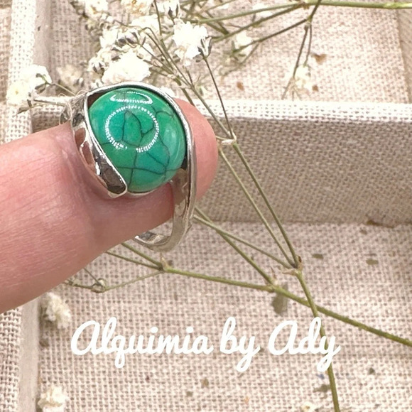 Alquimia Jewelry - Green turquoise silver gen ring Victorian cocktail vintage